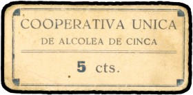 Alcolea de Cinca (Huesca). Cooperativa Única. 5, 10 céntimos y 1 peseta. (KG. 53b y falta). 3 cartones, sin fecha. Muy raros. MBC/EBC.