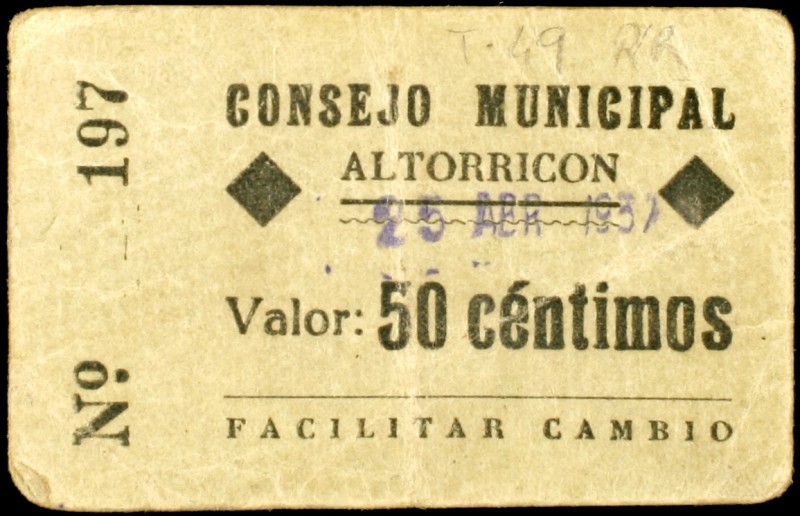 Altorricón (Huesca). 50 céntimos. (KG. 98) (T. 49). Cartón, nº 197. Con tampón. ...