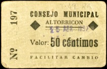 Altorricón (Huesca). 50 céntimos. (KG. 98) (T. 49). Cartón, nº 197. Con tampón. Muy raro. MBC-.