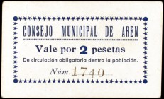 Aran (Huesca). 25 céntimos, 1 y 2 pesetas. (KG. 104) (T. 52a, 53 y 54). 3 cartones, serie completa. Raros. MBC-/EBC.
