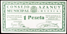 Azanuy (Huesca). Consejo Municipal. 50 céntimos y 1 peseta. (KG. 115) (T. 68 y 69). 2 billetes. Raros. MBC-/MBC+.