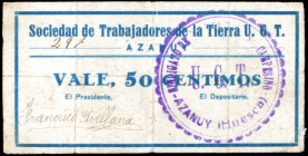 Azanuy (Huesca). Sociedad de Trabajadores de la Tierra U.G.T. 50 céntimos. (KG. falta, sólo indica el de 1 peseta) (T. 66 var). Impreso en azul. Raro....
