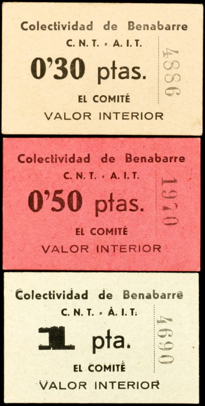 Benabarre (Huesca). Colectividad C.N.T.-A.I.T. 5, 30, 50 céntimos, 1, 3 y 5 pese...