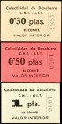 Benabarre (Huesca). Colectividad C.N.T.-A.I.T. 5, 30, 50 céntimos, 1, 3 y 5 pesetas. (KG. 144 y falta) (T. 89 a 94). 6 cartones, serie completa. Conju...