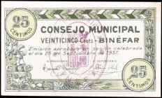 Binéfar (Huesca). Consejo Municipal. 5, 10, 25, 50 céntimos y 1 peseta. (KG. 183) (T. 113 a 117). 5 billetes, serie completa. BC/EBC.
