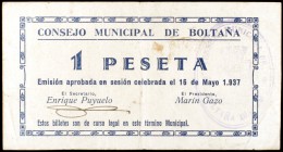 Boltaña (Huesca). 25, 50 céntimos, 1 y 2 pesetas. (KG. 189). 4 billetes, serie completa. Escasos. BC/MBC.
