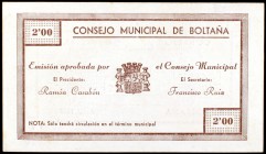 Boltaña (Huesca). 15, 25, 50 céntimos, 1 y 2 pesetas. (KG. 189a). 5 billetes, serie completa. Serie B. Escasos. BC+/EBC.