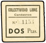 Candasnos (Huesca). Colectividad Libre. 50 céntimos, 1 y 2 pesetas. (KG. 230b). 3 cartones, serie completa. Raros. MBC-/MBC+.