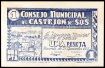 Castejón de Sos (Huesca). 25, 50 céntimos, 1 y 2 pesetas. (KG. 257 y falta) (T. 142 a 144 y 146). 4 billetes. Raros. MBC-/EBC.