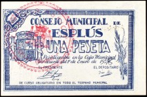 Esplús (Huesca). 10, 25, 50 céntimos y 1 peseta. (KG. 335) (T. 158, 159b, 160c y 161b). 4 billetes, serie completa. Escasos así. EBC-/EBC+.
