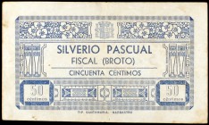 Fiscal (Broto) (Huesca). Silvero Pascual. 50 céntimos y 1 peseta. (KG. falta). 2 billetes. Muy raros. MBC.