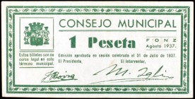 Fonz (Huesca). 25, 50 céntimos y 1 peseta. (KG. 357) (T. 202 a 204). 3 billetes, serie completa. Escasos. MBC-/MBC+.