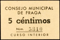 Fraga (Huesca). Consejo Municipal. 5, 10 y 25 céntimos. (KG. 364) (T. 224, 226 y 227). 3 cartones. Raros y más así. EBC-/EBC.