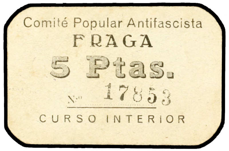 Fraga (Huesca). Comité Popular Antifascista. 5 pesetas. (KG. 364a) (T. 203). Car...
