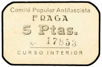 Fraga (Huesca). Comité Popular Antifascista. 5 pesetas. (KG. 364a) (T. 203). Cartón. Muy raro. MBC+.