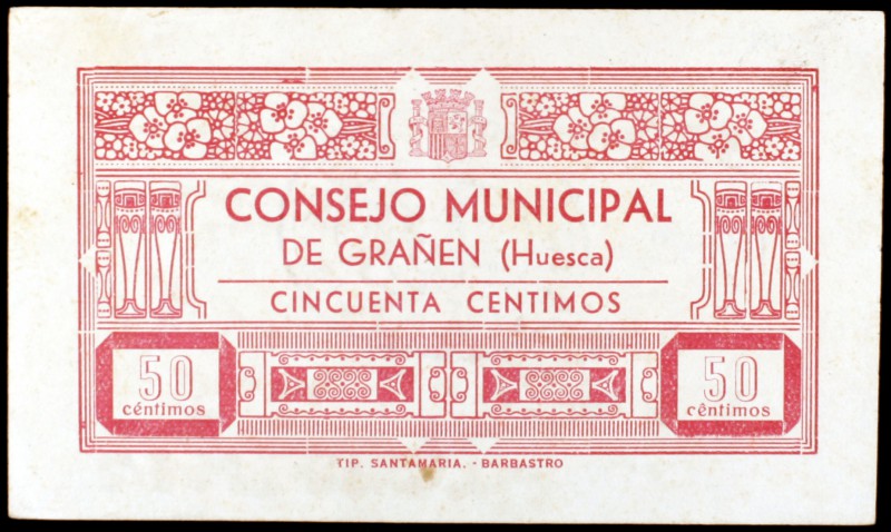 Grañen (Huesca). 25, 50 céntimos y 1 peseta. (KG. 393). 3 billetes, serie comple...