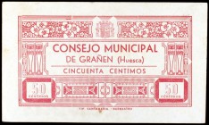Grañen (Huesca). 25, 50 céntimos y 1 peseta. (KG. 393). 3 billetes, serie completa. Escasos. MBC/MBC+.