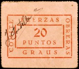 Graus (Huesca). Comité Fuerzas Obreras. 10 y 20 puntos. (Kr. 394c) (T. 241 y 242). 2 cartones. Muy raros.