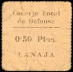Lanaja (Huesca). Consejo Local de Defensa. 50 céntimos. (KG. falta). Cartón. Raro. BC.