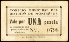 Montañana (Huesca). 25, 50 céntimos y 1 peseta. (KG. 504) (T. 281 a 283). 3 cartones, serie completa. El de 25 céntimos, nº 0011. Raros. BC/MBC.