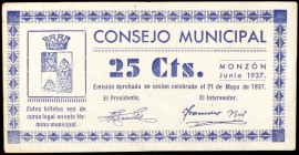 Monzón (Huesca). Consejo Municipal. 25 (dos), 50 céntimos (tres) y 1 peseta (tres). (KG. 510, 510a y 510b) (T. 285 a 291). 8 billetes, 2 series comple...