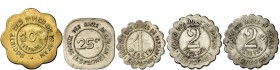 Parzán (Huesca). 10, 25 céntimos, 1 y 2 pesetas (dos). 5 monedas en distintos metales, una serie completa. Muy raras. MBC/EBC.