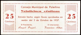 Poleñino (Huesca). Consejo Municipal. 25, 50 céntimos y 1 peseta. (KG. 592). 3 billetes, serie completa. Escasos. BC/MBC+.