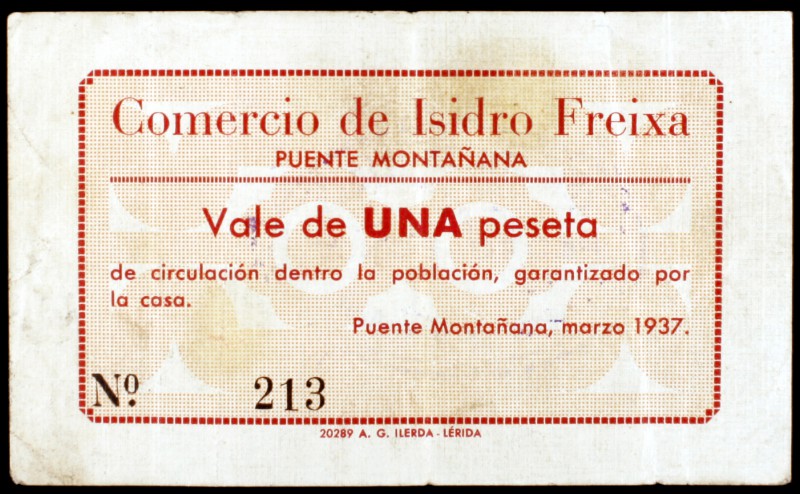 Puente Montañana (Huesca). Comercio de Isidro Freixa. 1 peseta. (KG. falta) (T. ...