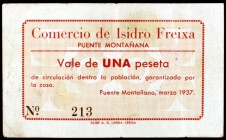Puente Montañana (Huesca). Comercio de Isidro Freixa. 1 peseta. (KG. falta) (T. 344). Nº 213. Rarísimo. MBC-.