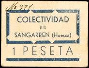 Sangarren (Huesca). Colectividad. 1 peseta. (KG. falta). Cartón. Muy raro. EBC-.