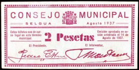 Selgua (Huesca). 25, 50 céntimos, 1 y 2 pesetas. (KG. 696). 4 billetes, serie completa. El de 2 pesetas, nº 8. BC+/MBC.