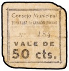 Torralba de Aragón (Huesca). 50 céntimos y 1 peseta. (KG. 732). 2 cartones, numeraciones muy bajas: 184 y 213. Muy raros. BC.