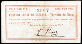 Torrente de Cinca (Huesca). Consejo Local de Defensa. 1 peseta (dos) y 2 pesetas. (KG. 741) (T. 382d, 383a y 383b). 3 billetes, los de 1 peseta con DE...