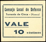 Torrente de Cinca (Huesca). Consejo Local de Defensa. 5, 10 y 25 céntimos. (KG. 741a) (T. 384a, 385 y 386a). 3 cartones, serie completa. Dos con tampo...