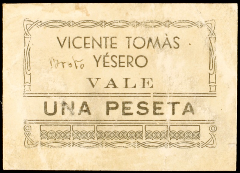 Yésero (Huesca). Vicente Tomás. 1 peseta. (KG. falta). Cartón. BROTO manuscrito ...