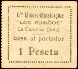 La Carolina (Jaén). Cía. Minero-metalúrgica Los Guindos. 1 peseta. (KG. 246a). Cartón. Muy raro. MBC.
