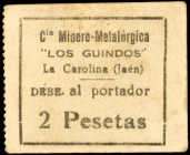 La Carolina (Jaén). Cía. Minero-metalúrgica Los Guindos. 2 pesetas. (KG. 246a). Cartón. Muy raro. MBC.