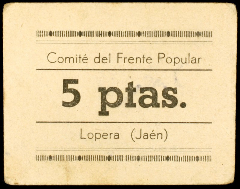 Lopera (Jaén). Comité del Frente Popular. 5 pesetas. (KG. 453). Cartón. Raro. MB...