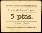 Lopera (Jaén). Comité del Frente Popular. 5 pesetas. (KG. 453). Cartón. Raro. MBC+.