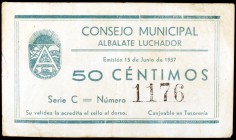 Albalate Luchador (Teruel). 25, 50 céntimos y 1 peseta. (KG. 28). 3 billetes. Raros. BC/MBC.
