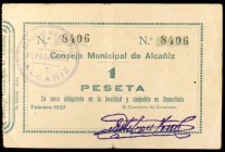 Alcañiz (Teruel). 25, 50 céntimos (dos), 1 (tres) y 2 pesetas. (KG. 47, 47a y falta) (T. 19 a 25). 7 billetes, todos los de la localidad. BC+/MBC+.