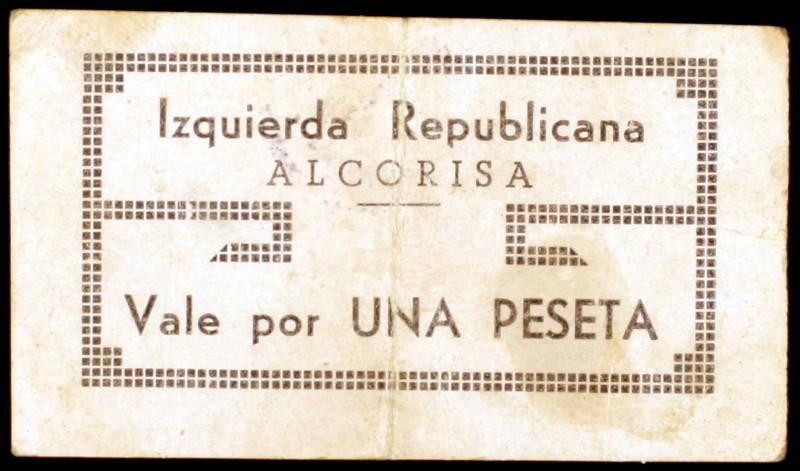 Alcorisa (Teruel). Izquierda Republicana. 1 peseta. (Kr. 55a). Cartón. Raro. MBC...