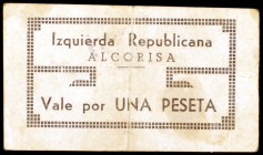 Alcorisa (Teruel). Izquierda Republicana. 1 peseta. (Kr. 55a). Cartón. Raro. MBC-.