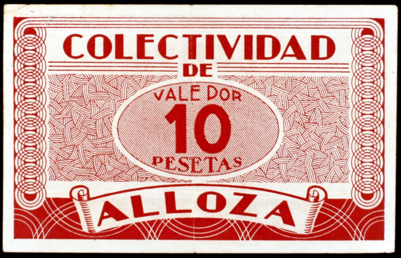 Alloza (Teruel). Colectividad. 10 y 25 pesetas. (KG. 80). 2 billetes, uno con ro...