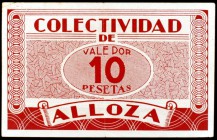 Alloza (Teruel). Colectividad. 10 y 25 pesetas. (KG. 80). 2 billetes, uno con roturas. Muy raros. BC-/MBC+.