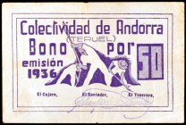 Andorra (Teruel). Colectividad. Bono por "25" y "50" (céntimos). (KG. 99). 2 billetes. Raros. BC+/MBC-.