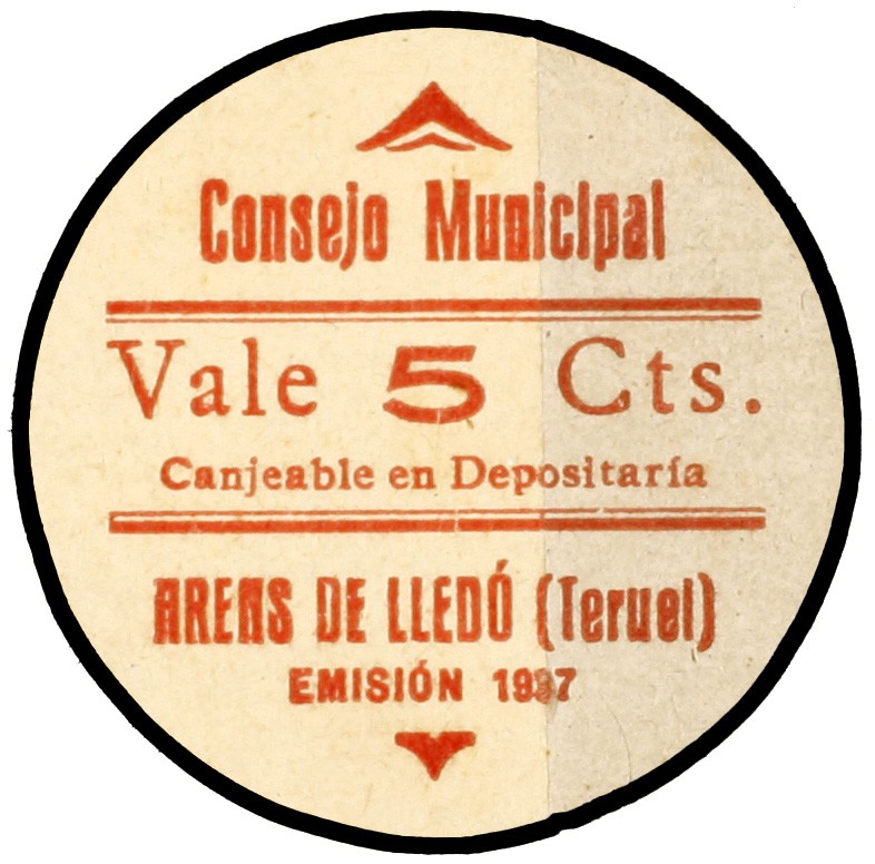 Arens de Lledó (Teruel). 5 céntimos. (KG. 105). Cartón redondo. Muy raro y más a...
