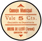 Arens de Lledó (Teruel). 5 céntimos. (KG. 105). Cartón redondo. Muy raro y más así. EBC+.
