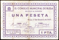 Blesa (Teruel). 25, 50 céntimos y 1 peseta. (KG. 185). 3 billetes, serie completa. Raros. BC+/MBC.