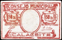 Calaceite (Teruel). Consejo Municipal. 50 céntimos y 1 peseta. (KG. 205) (T. 123 y 124). 2 billetes. Raros. BC/MBC+.